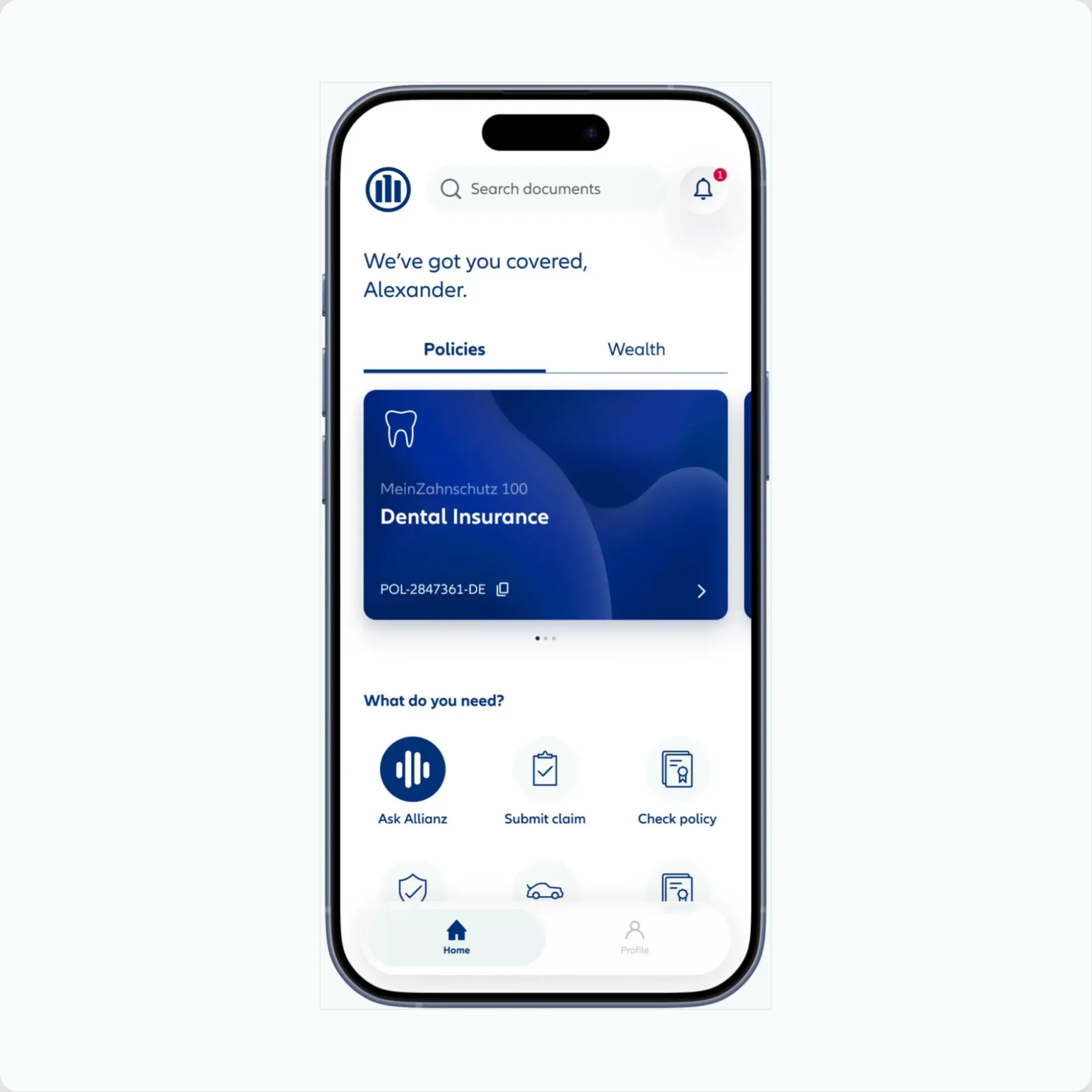 En Allianz-app bygget etter styleguiden: forsiden med polisekort, hurtighandlinger og fanelinje