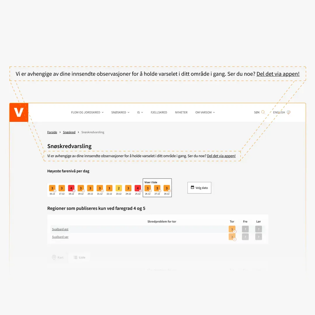 The Varsom avalanche forecast page with a new line above the forecast: we depend on your observations to keep the forecast in your area going, share it via the app